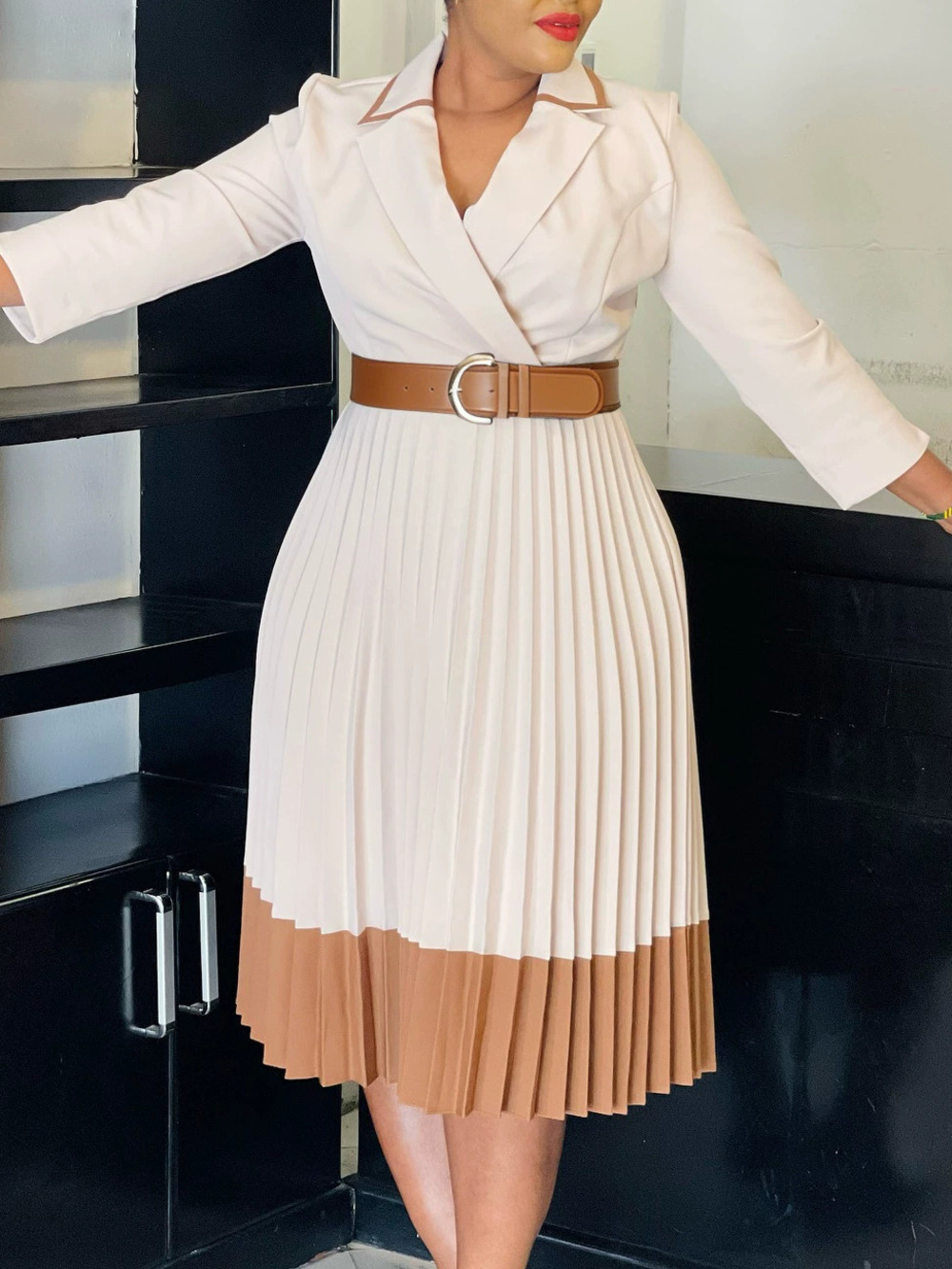 Winter Elegant Fashion Blazer Lapel Color Block Pleated Plus Size Dress